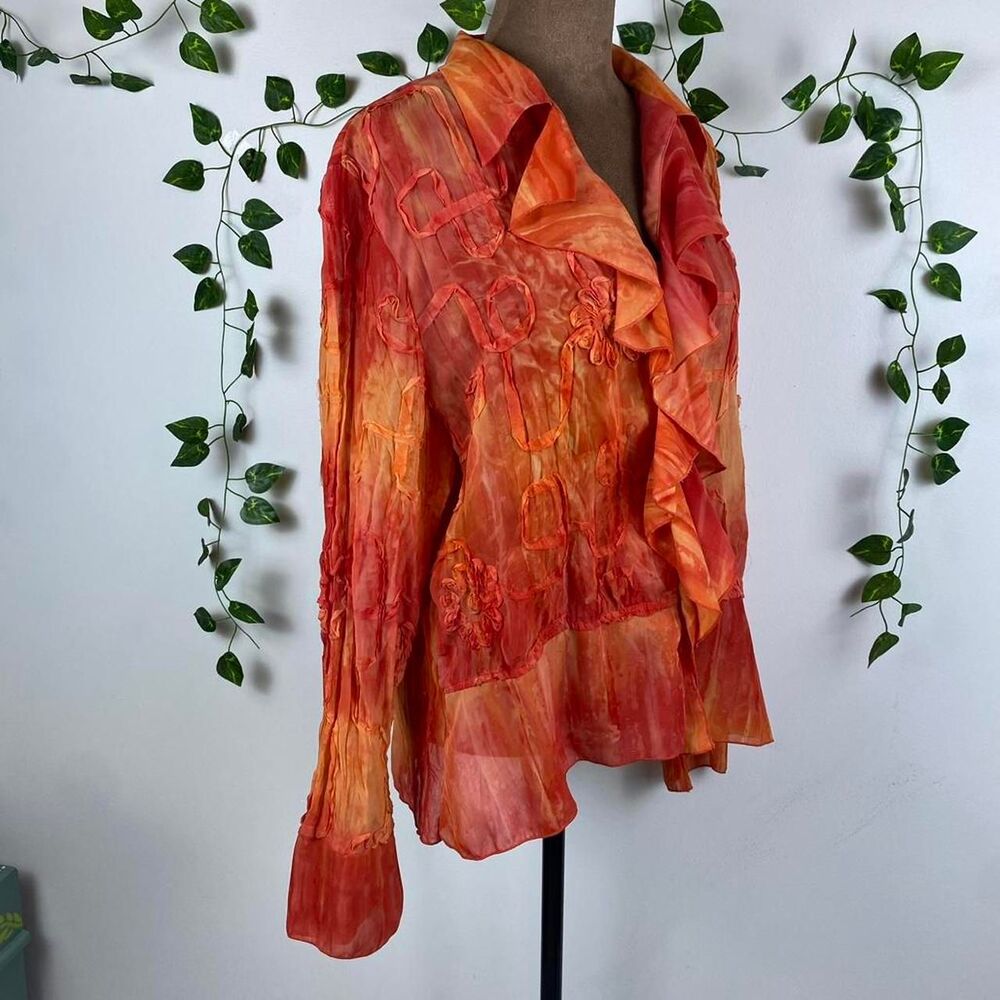 Dress-U by sharon Orange & red sheer ruffle front blouse boho hippie fairy - Picture 2 of 5